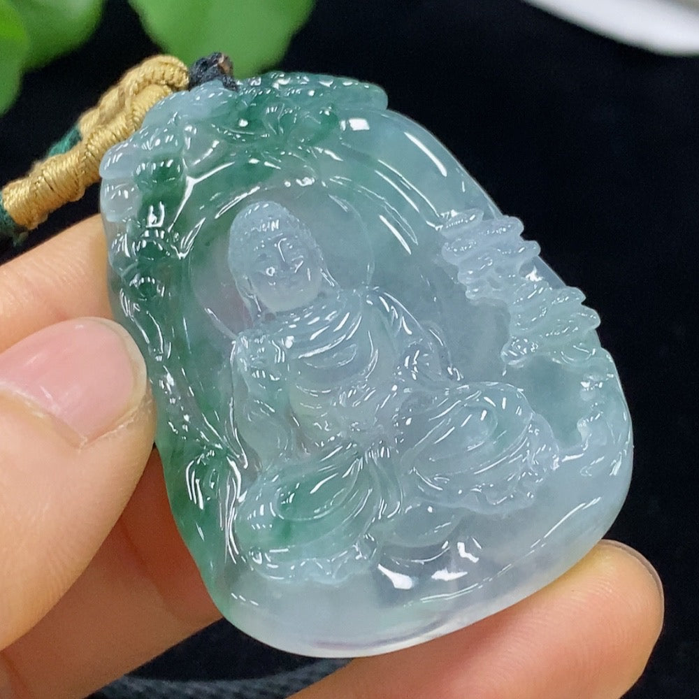 Jadeite Buddha pendant with rope, crafted from green jade, weighs approximately 26.06g, featuring detailed Buddha carving.