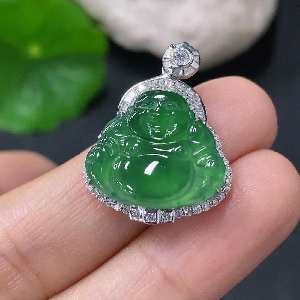 Jadeite Buddha Pendant Set in . (with Diamond Accents) | Huiliu Certified