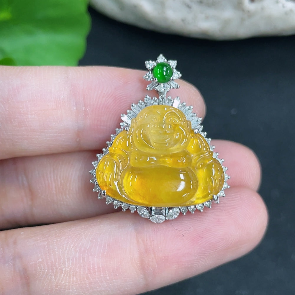 Jadeite Pendant Buddha, Total Weight Approx. 6.99g, 18K Gold with Diamond Accents, Color Origin Undetermined