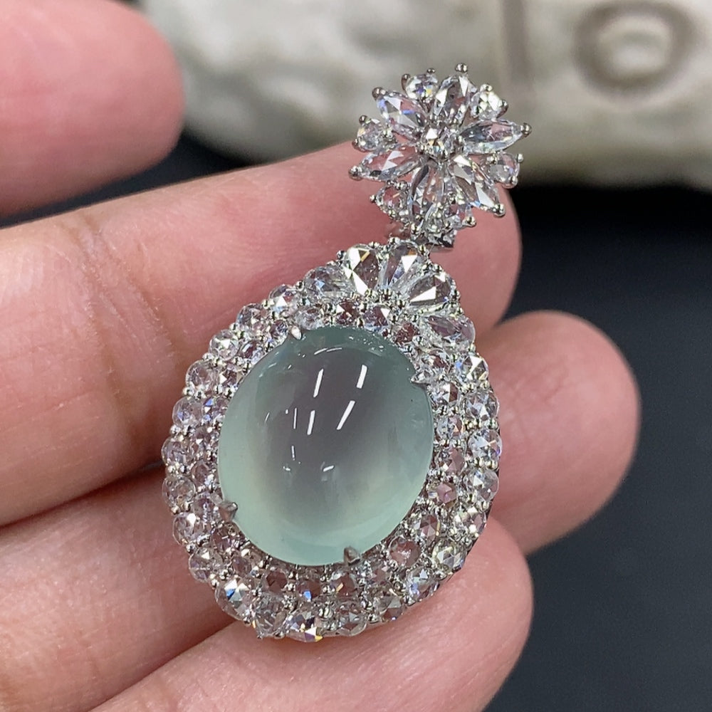 Jadeite Cabochon Pendant Set in 18K Gold with Diamond Accents