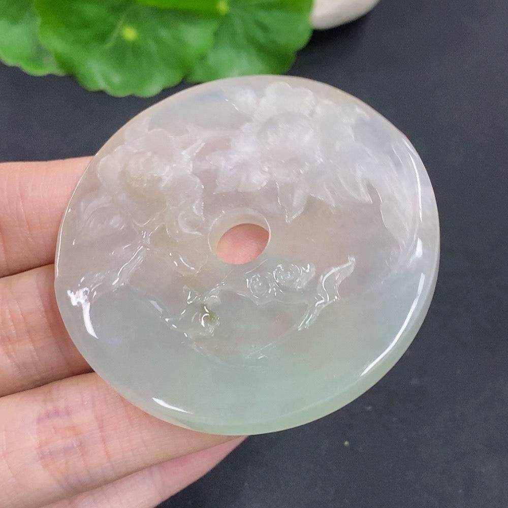 Huiliu Jadeite Flourishing Prosperity Pendant, intricately carved jade jewelry with detailed design, certified by HUILIU HQ.