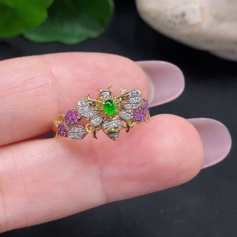 Jadeite inlaid ring with colorless diamonds, HUILIU HQ, size 12, 71% gold, total weight approx. 2.4g, detailed jewelry image