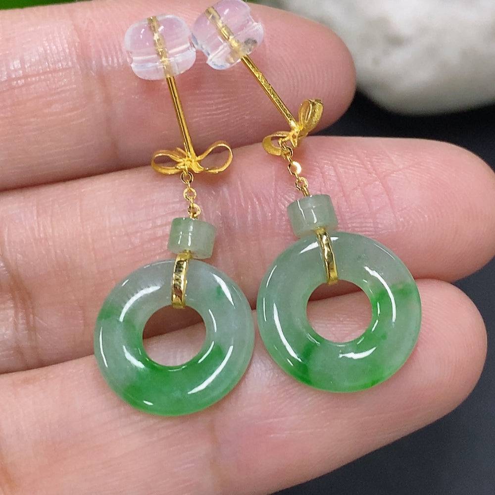 HUILIU HQ Jadeite inlaid earrings with 18K gold, delicate gold weight about 2g, showcasing intricate jade design.