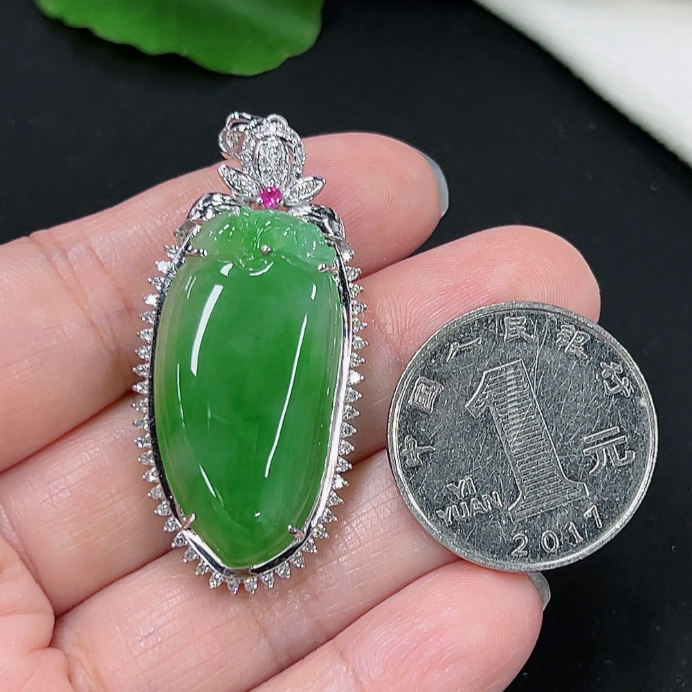 Jadeite Fortune Melon pendant in 18K gold with diamond accents, elegant necklace featuring a carved jadeite gemstone and intricate design.