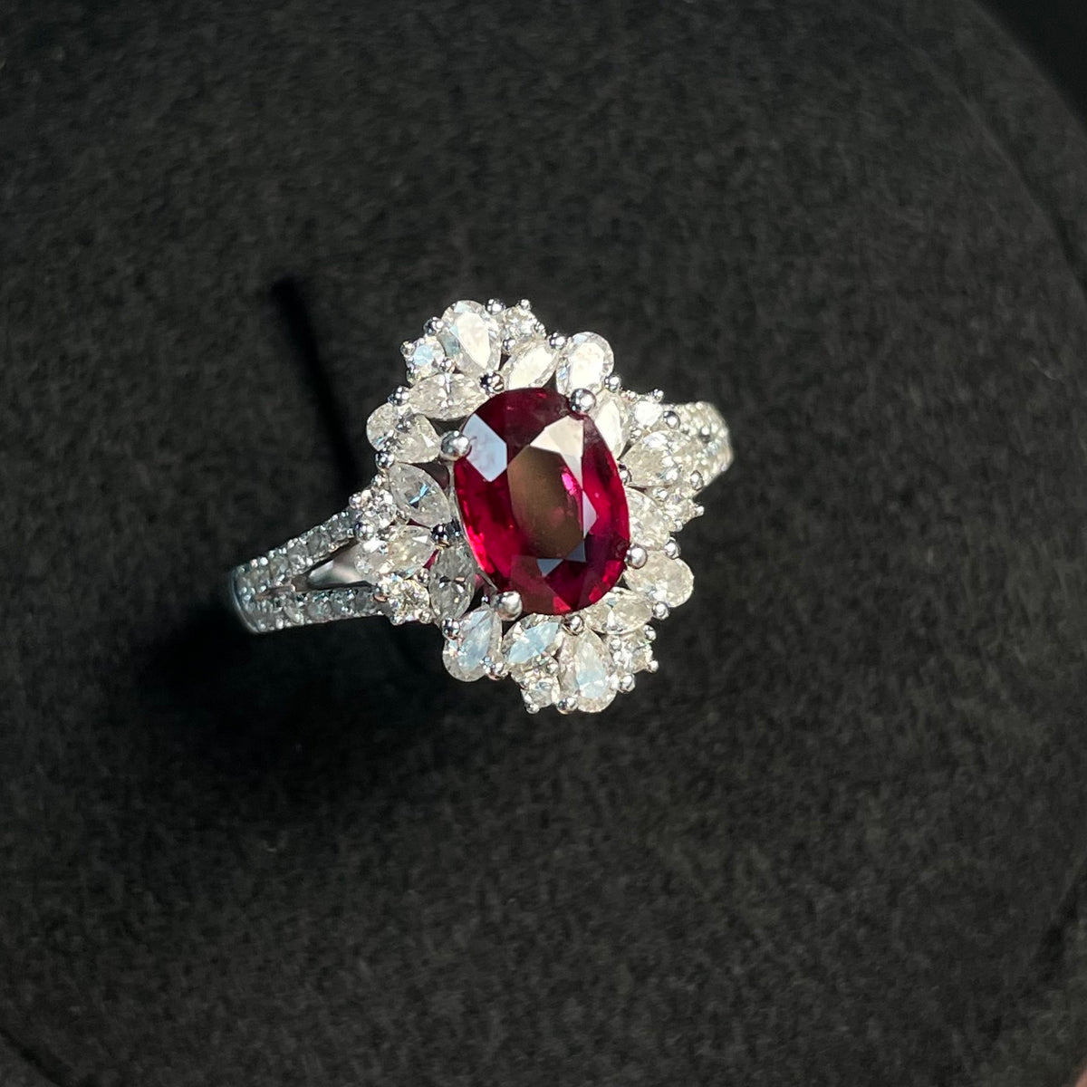 HKHQ ruby ring set in 18k gold with diamonds, size 15, featuring vivid red Mozambique pigeon blood rubies, 1.25ct gemstones.