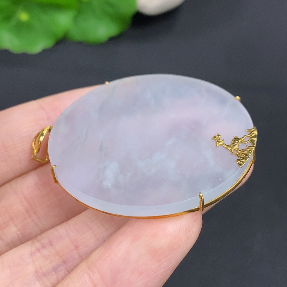 Jadeite plain pendant with diamond accents on a gold necklace, 18K gold from HKHQ, close-up of elegant jewelry piece
