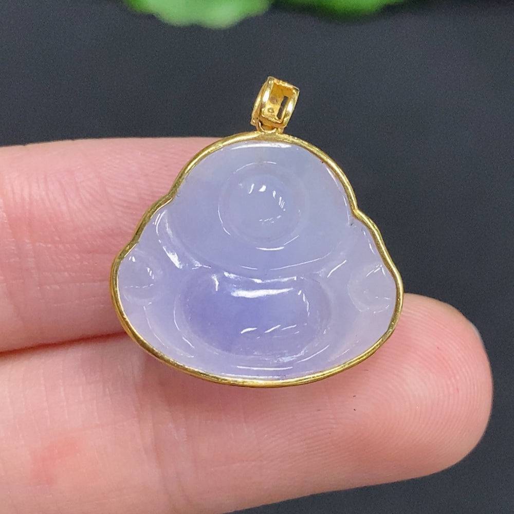 Jadeite Buddha pendant set in 18K gold, featuring a carved jade Buddha charm on a gold chain, weight approximately 3g.