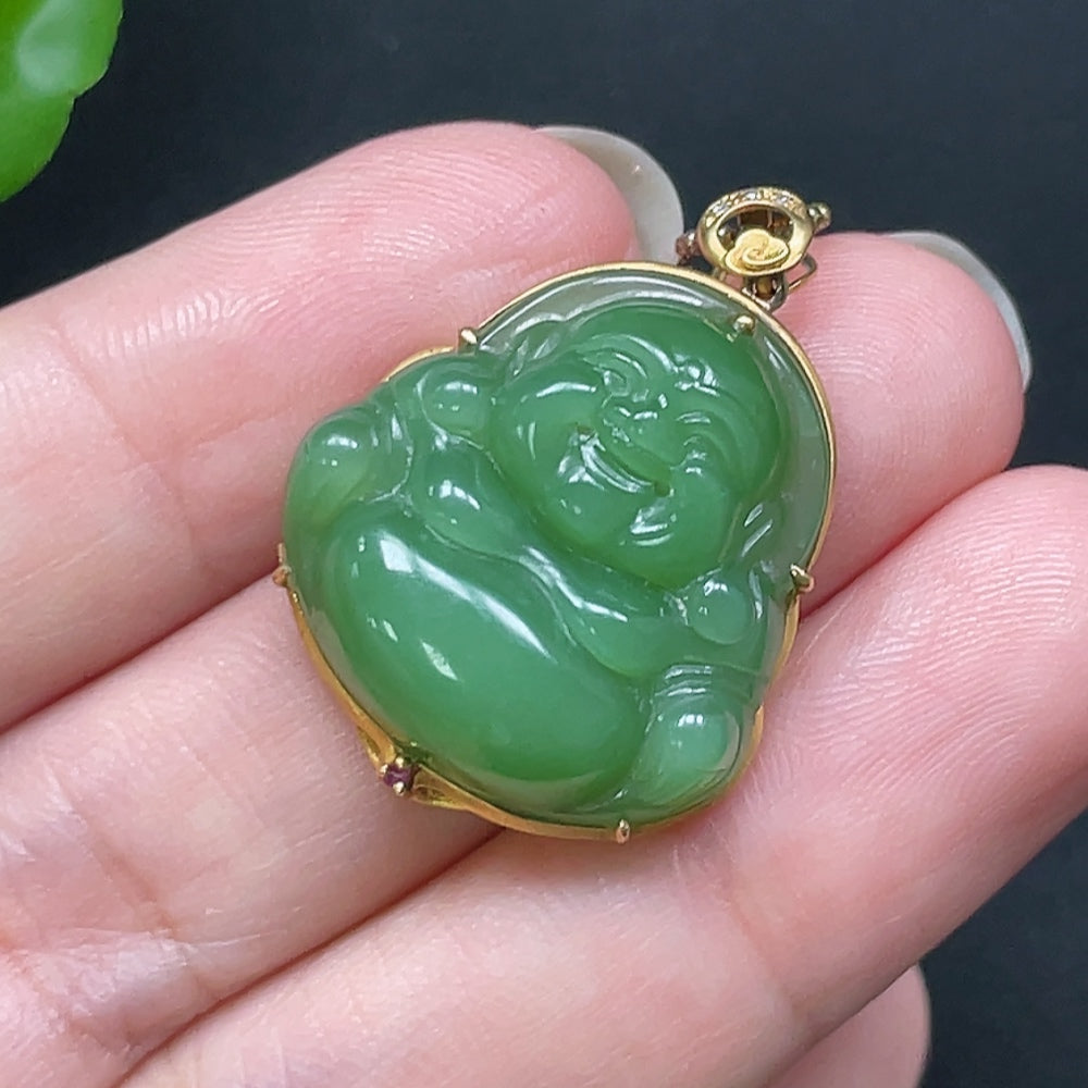 Hetian Jade Buddha Pendant in 18K Gold with Non-Gold Chain