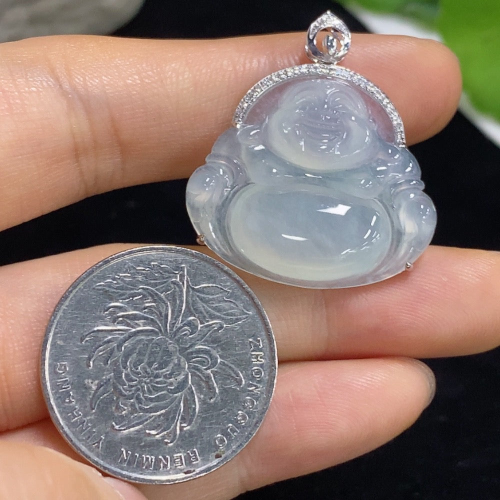 Jadeite Pendant Buddha with 18K Gold and Diamond Accents, Total Weight Approximately 5.4g