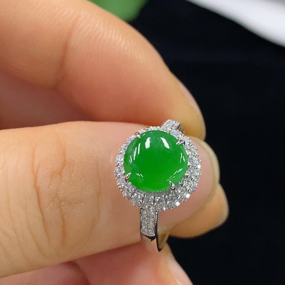 Jadeite ring with 18k gold band and diamond accents, size 14, weight 2.57g, featuring a polished jade gemstone from HUILIU HQ
