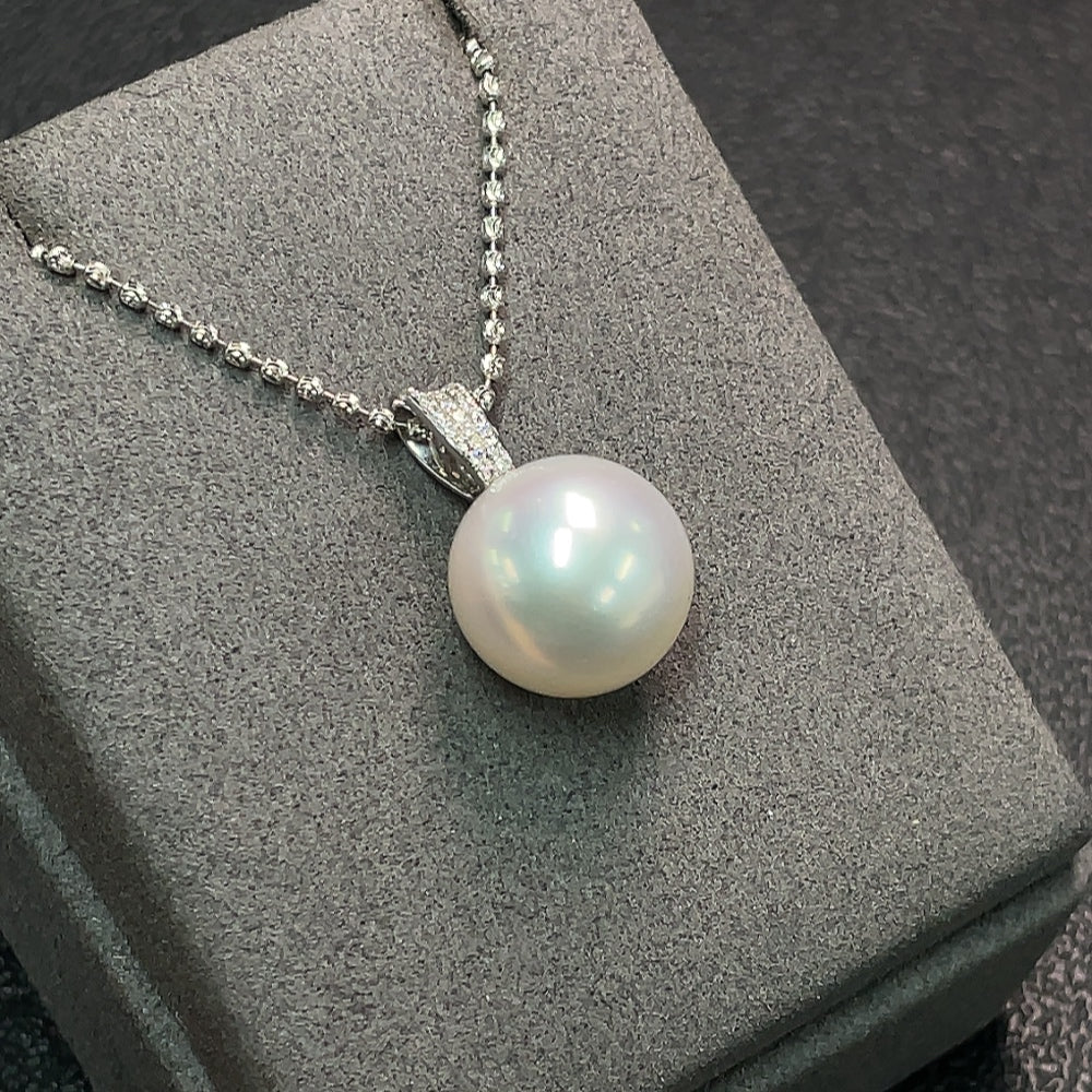 18K Sea Water Pearl Necklace with Diamond Accents, Total Weight Approx. 11.63g, Pearl Size Approx. 14.4mm
