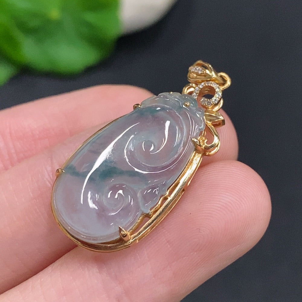 Huiliu Jadeite Ruyi pendant with intricate carvings, made from high-quality jade, hanging on a silk cord.