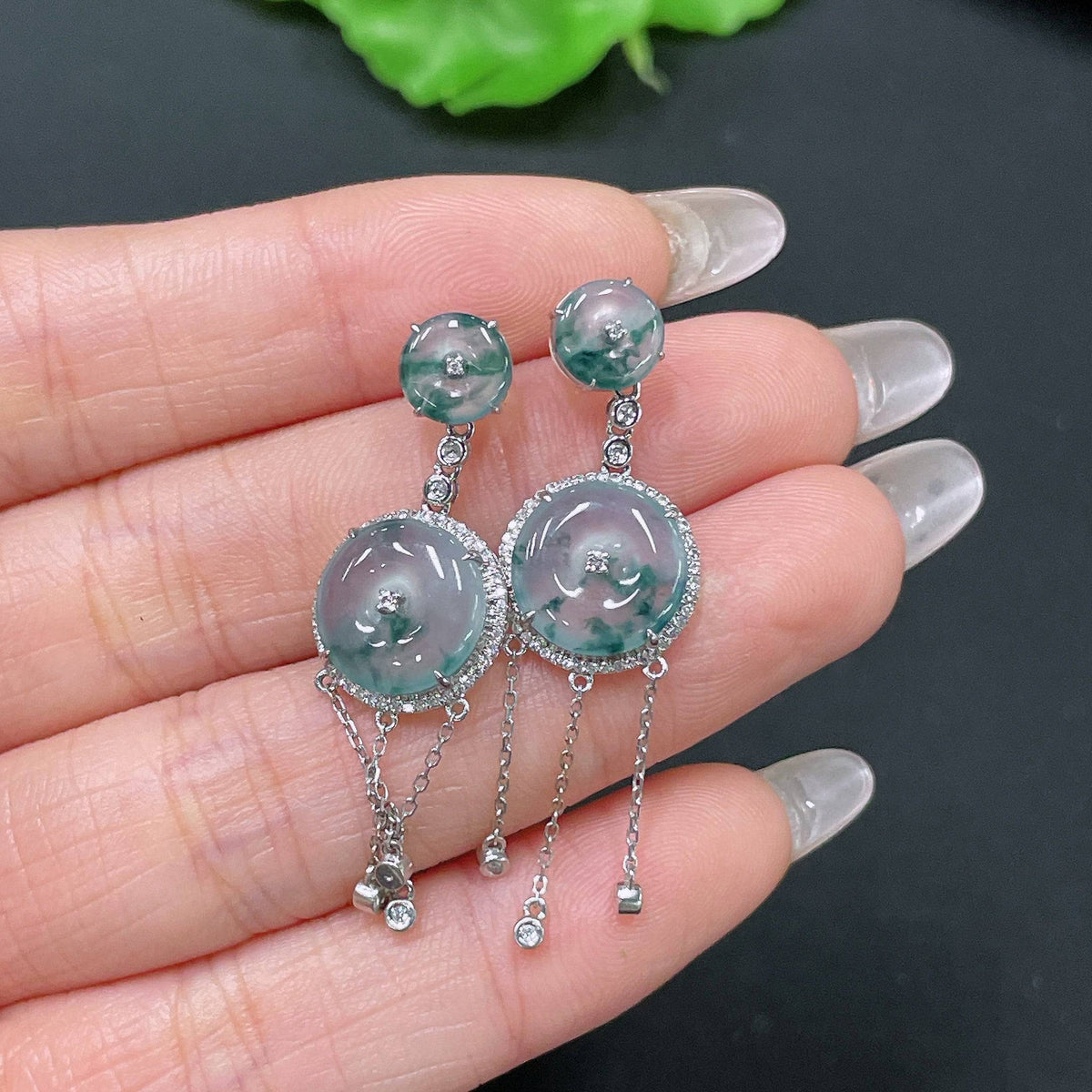 HUILIU HQ jadeite safety buckle inlaid earrings with diamond accents and ear backs, showcasing intricate jade and diamond craftsmanship.