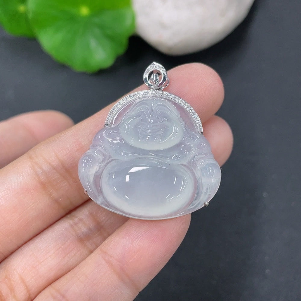 Jadeite Pendant Buddha with 18k Gold and Diamond Accents, Total Weight Approx. 6.75g
