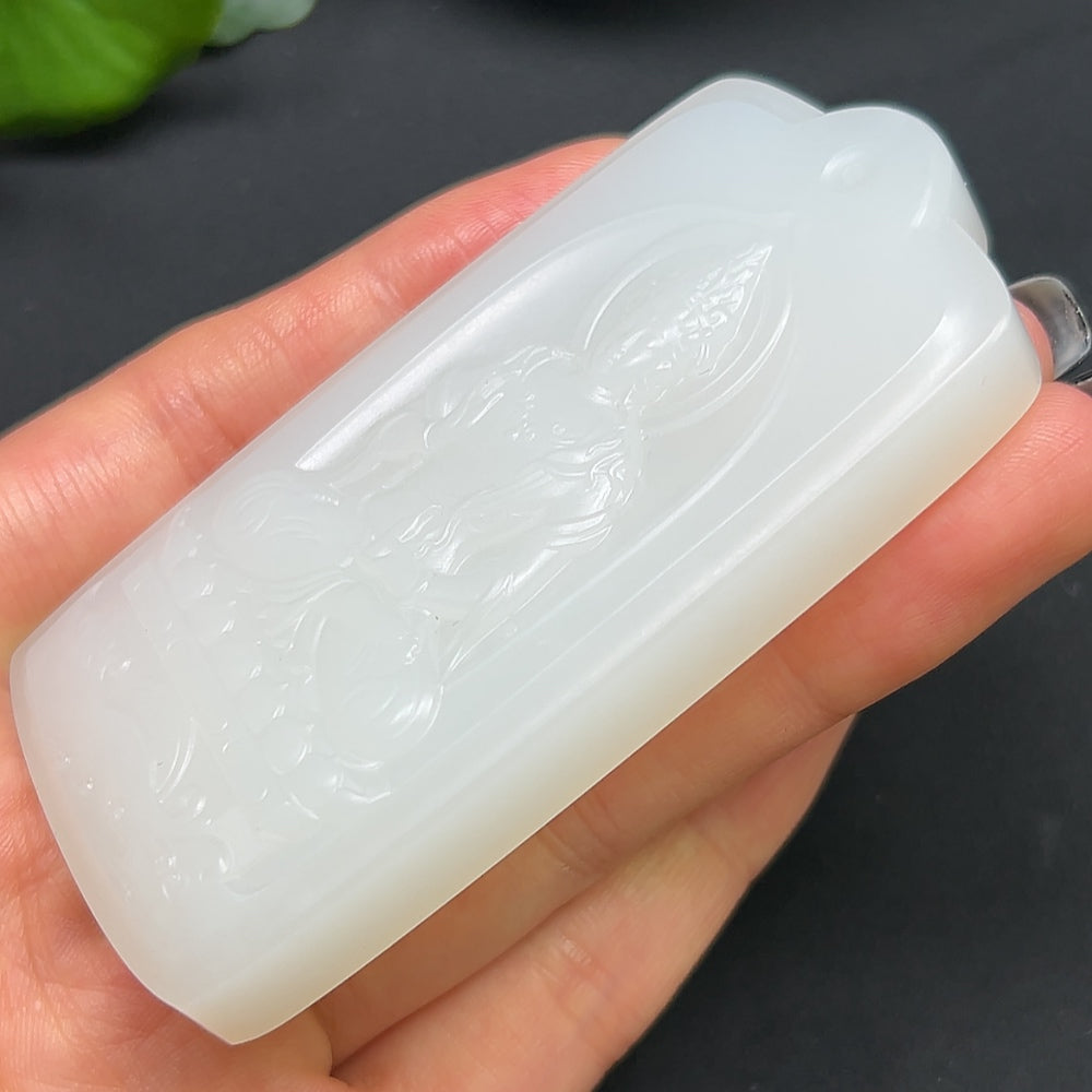 Hetian Jade Guanyin pendant necklace by HKHQ, featuring a detailed carved Guanyin figure in smooth jade, weighing approximately 94.14g.