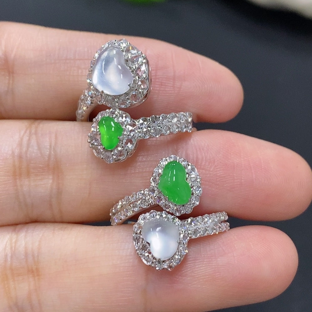 Jadeite inlaid ring lot with 15/14 size, 18K gold, diamond accents, weighing approximately 7.6g, by HKHQ.