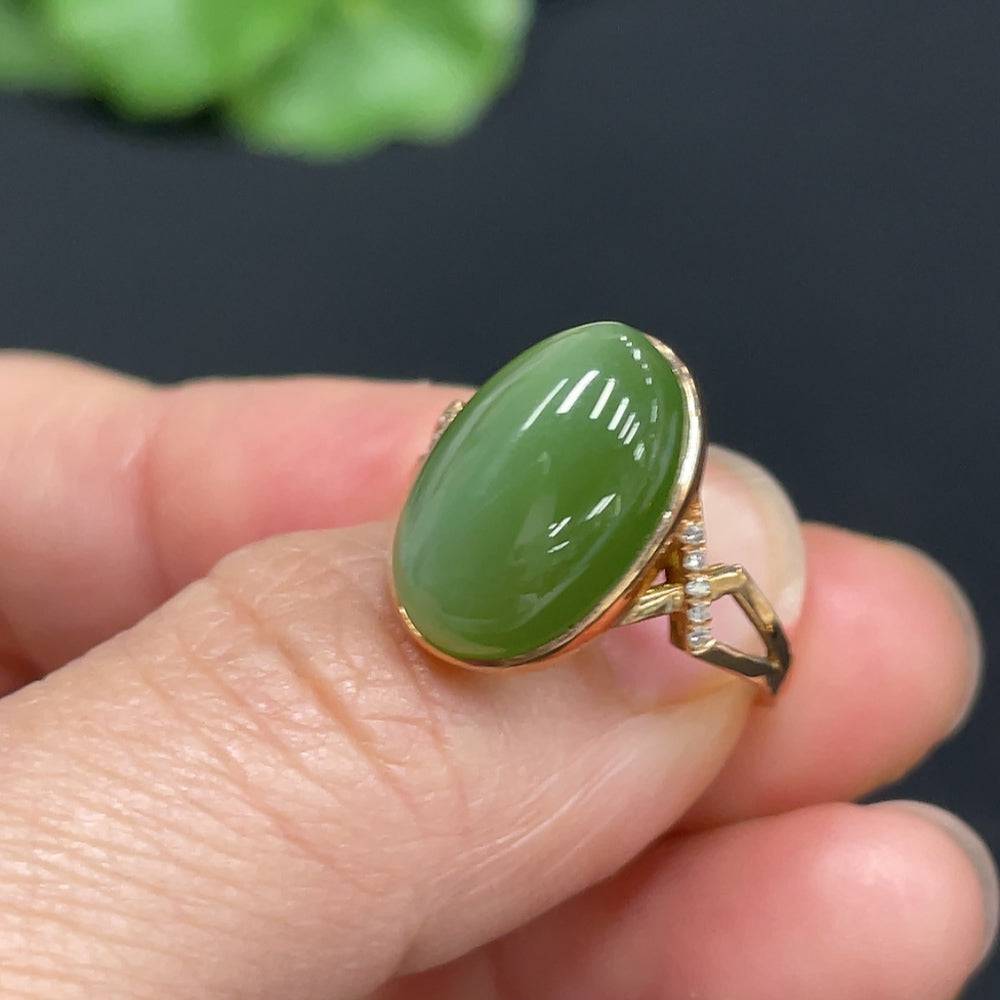 Huiliu Hetian jade jasper ring with diamond accents, inlaid design, featuring natural green and brown hues, certified by Huiliu.