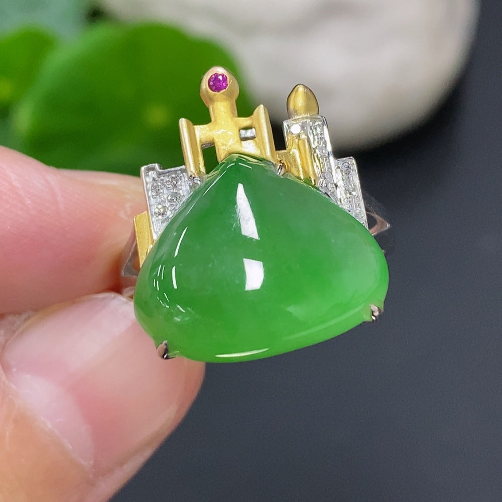 Jadeite Inlaid Ring 18K Gold (Colorless Accent Stones are Diamonds)