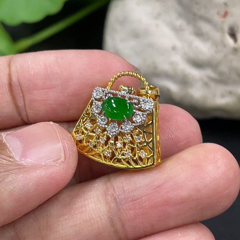 Jadeite Cabochon Pendant, 18K Gold Setting with Diamond Accents