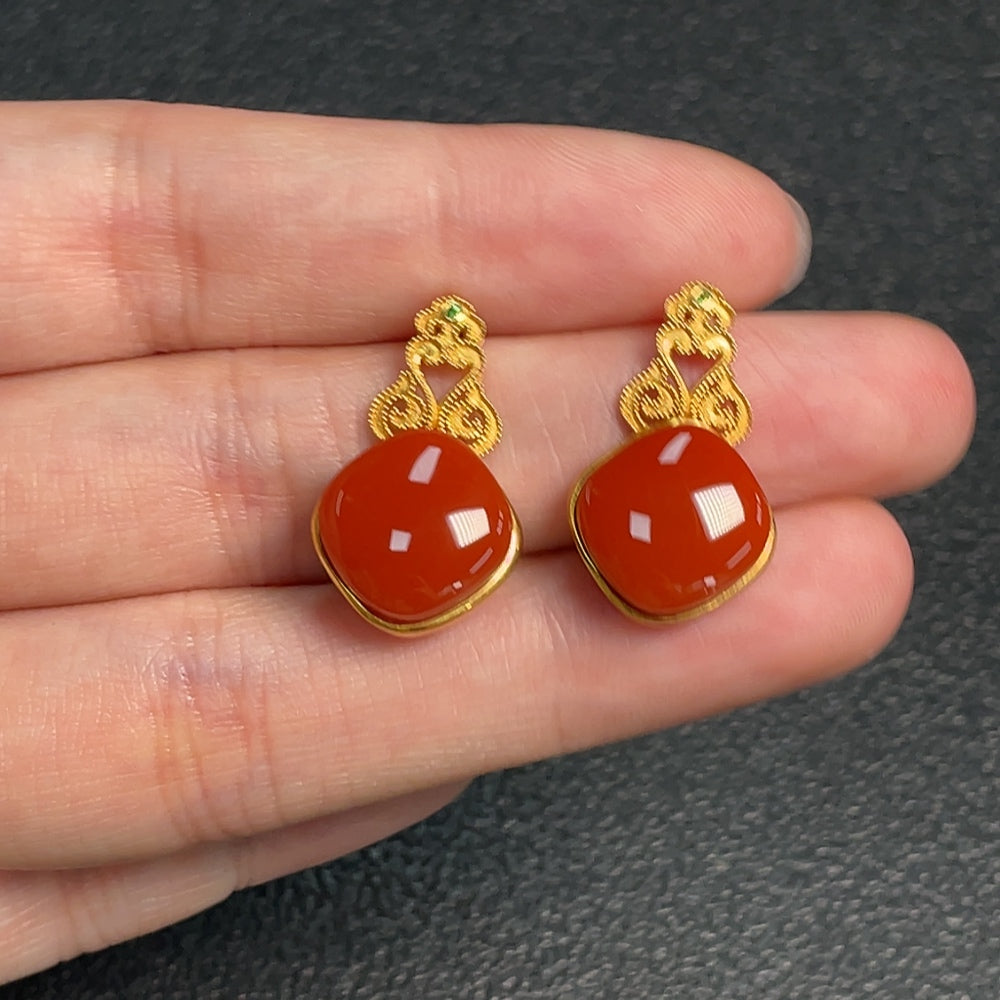 Red Agate Earrings with Visible Organic Matter, Diamond Accents, and Possible Non-Natural Gemstones, Approximately | Huiliu Certified