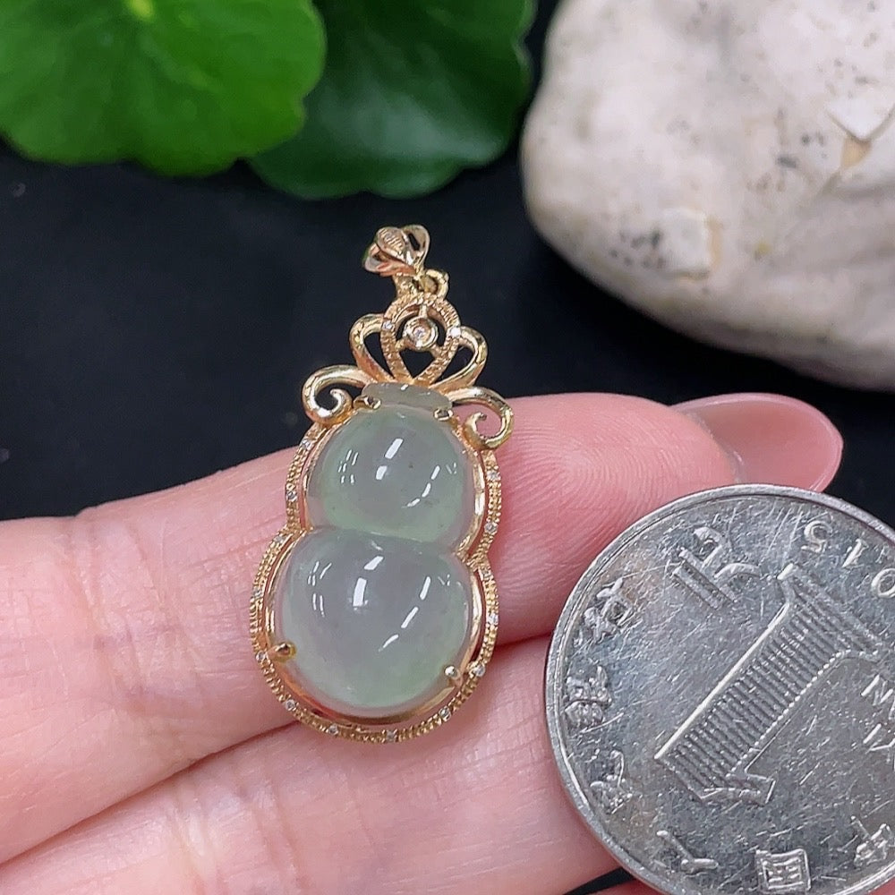 Jadeite gourd pendant with diamond accents, 18K gold setting, crafted by HUILIU HQ, showing the detailed jade pendant with gold chain