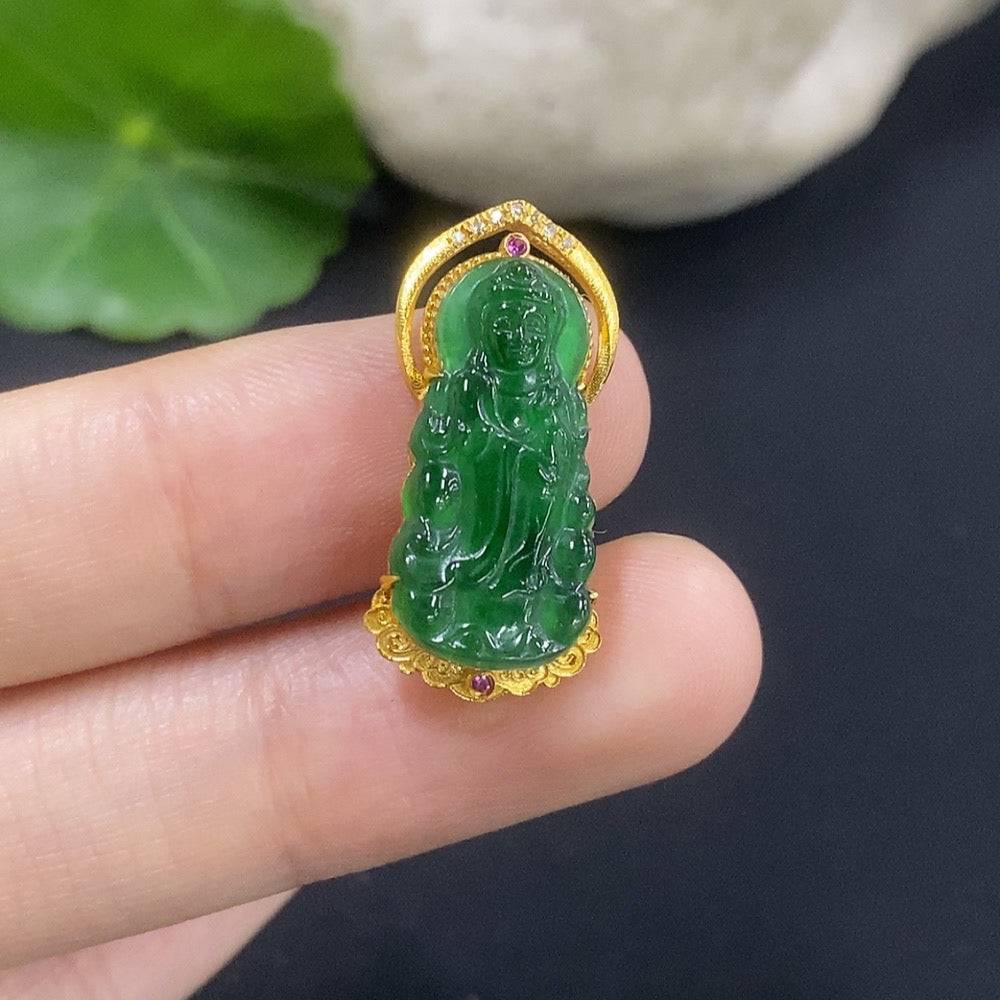 Jadeite Guanyin pendant in 18K gold with inlaid jade, lightweight jewelry piece showing detailed carved figure with glue at the bottom