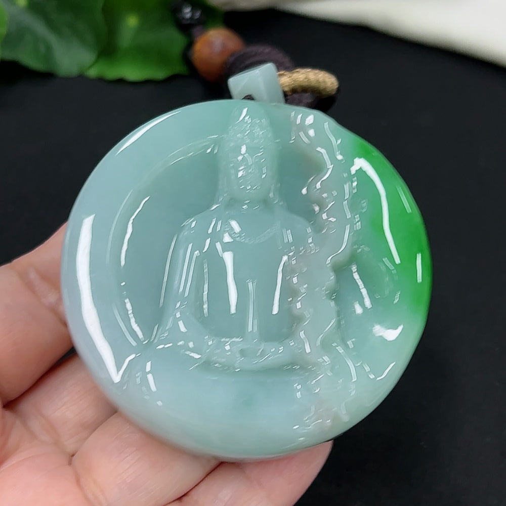 Jadeite Guanyin pendant with detailed carving, attached to a rope, weighing approximately 101 grams, crafted by HKHQ.