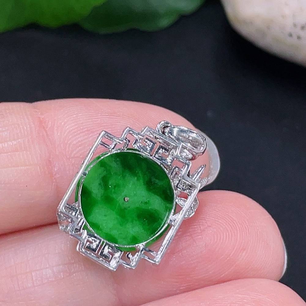 Jadeite inlaid pendant with 18K gold setting, crafted by HUILIU HQ, featuring a smooth, polished jade stone on a delicate chain