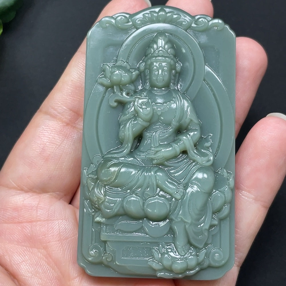 Hetian jade Jasper Guanyin pendant with intricate carved details, weighing approximately 79.6g, showcased on a neutral background.