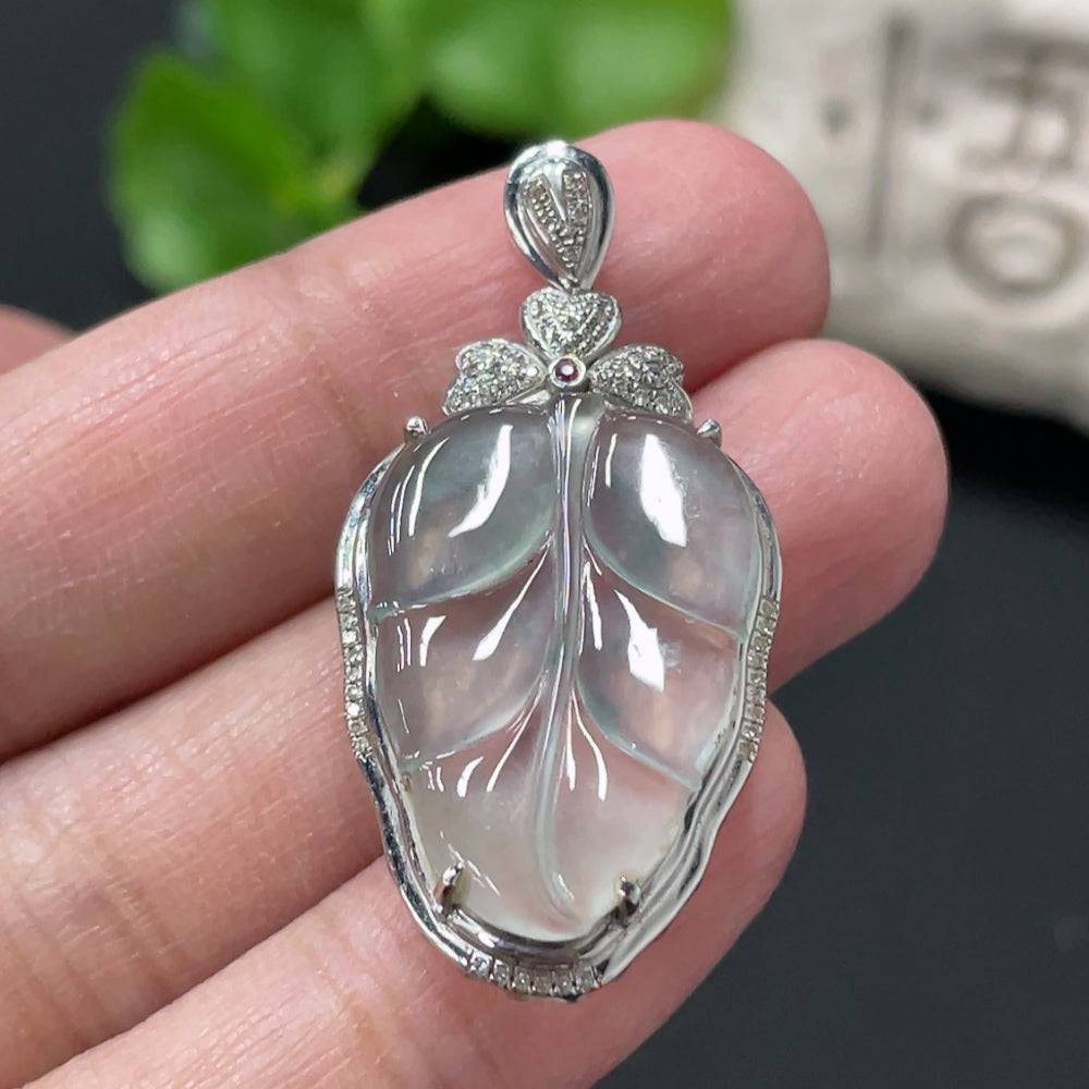 Jadeite leaf inlay pendant with 18K gold and diamond accents, crafted by HUILIU HQ, featuring a delicate jade jade design.