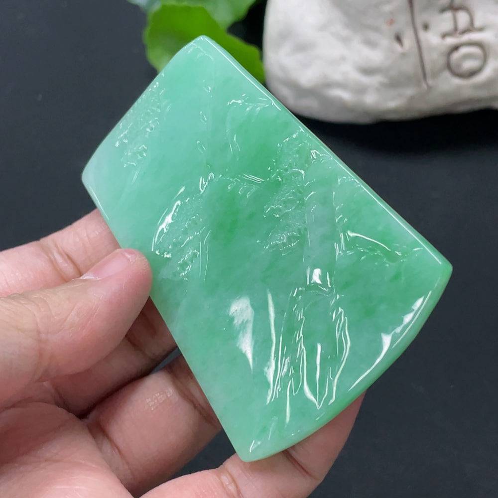 Huiliu Jadeite landscape pendant featuring detailed carved jade design, approximately 1 inch tall, certified by HUILIU HQ.