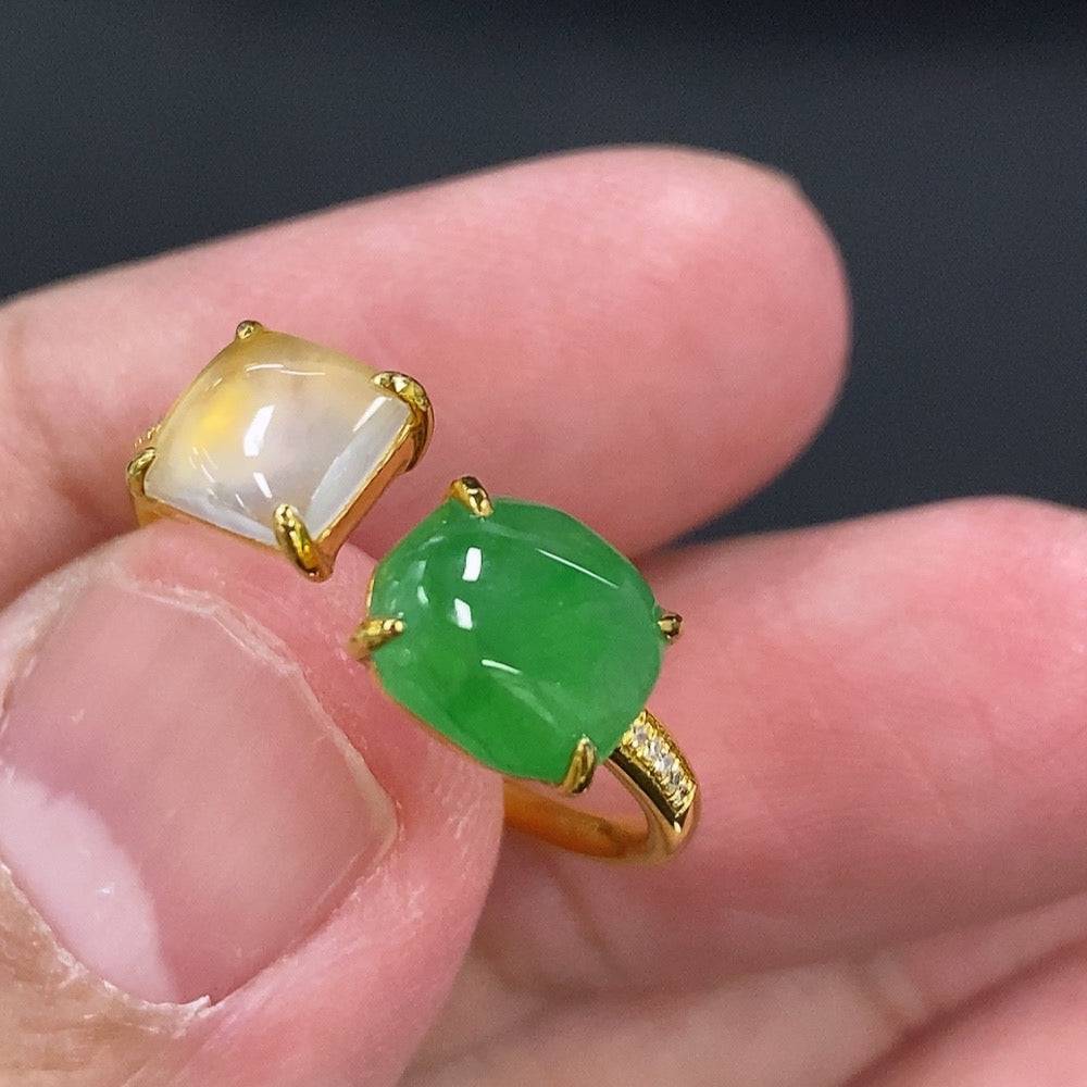 Jadeite inlaid ring with 18k gold and diamond accents, size 13, weighing approximately 1.83 grams, by HUILIU HQ.