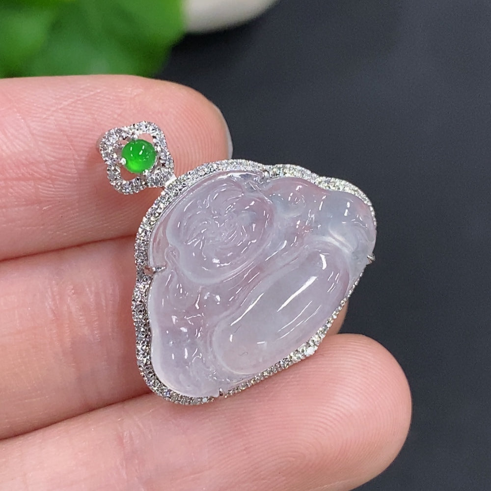 Jadeite Buddha Pendant Set in 18K Gold, Total Weight Approx. 3.7g (with Diamond Accents)