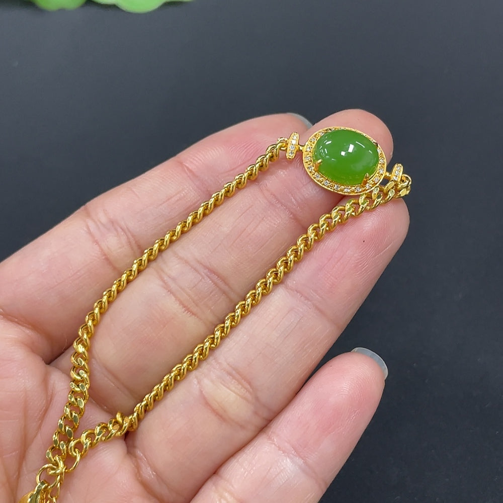Hetian Jade Jasper Cabochon Inlaid Bracelet, 18K Gold, Total Weight Approx. 3.5g, Diamond Accents