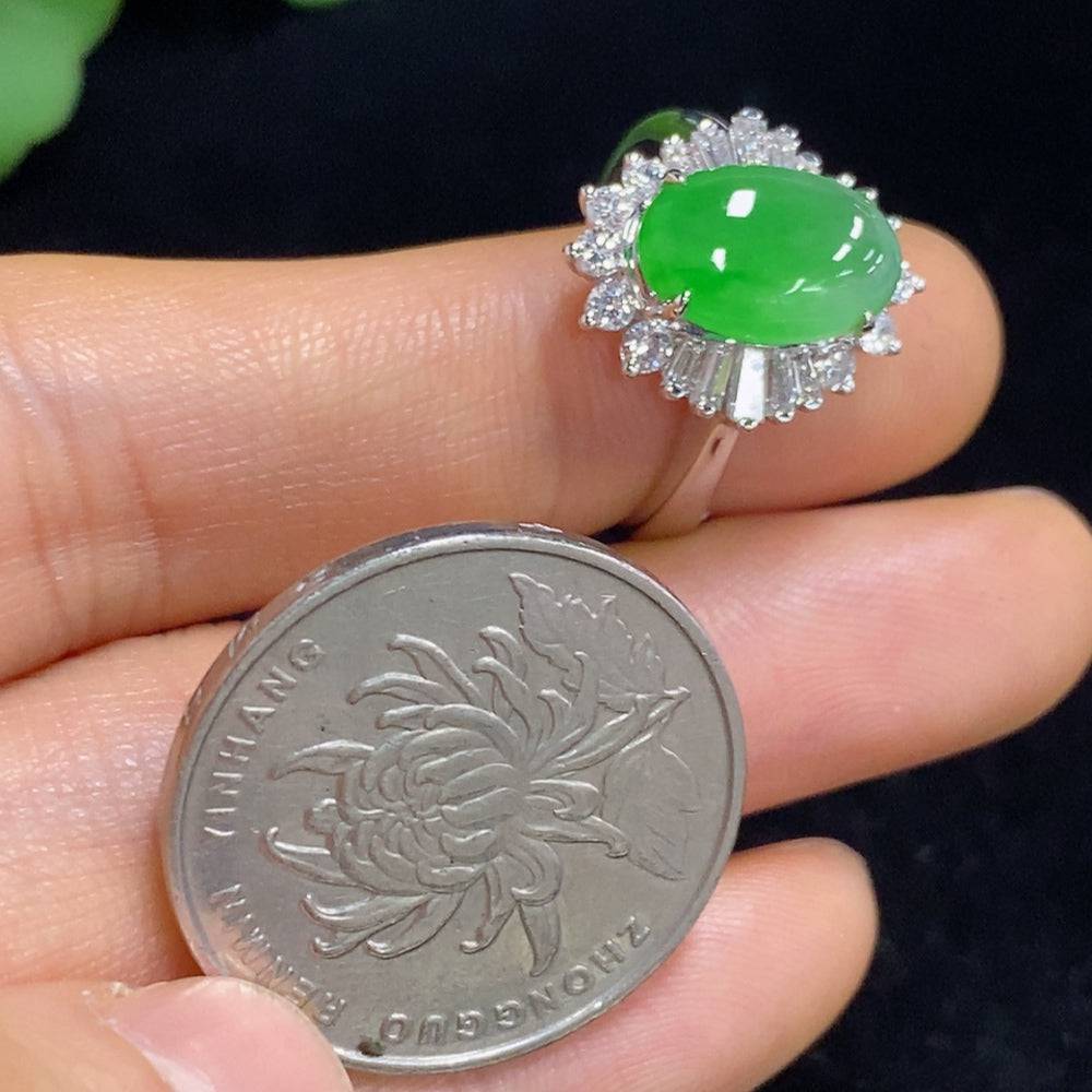 Huiliu Jadeite ring with diamond accents, set in silver, showcasing intricate craftsmanship and elegant design.