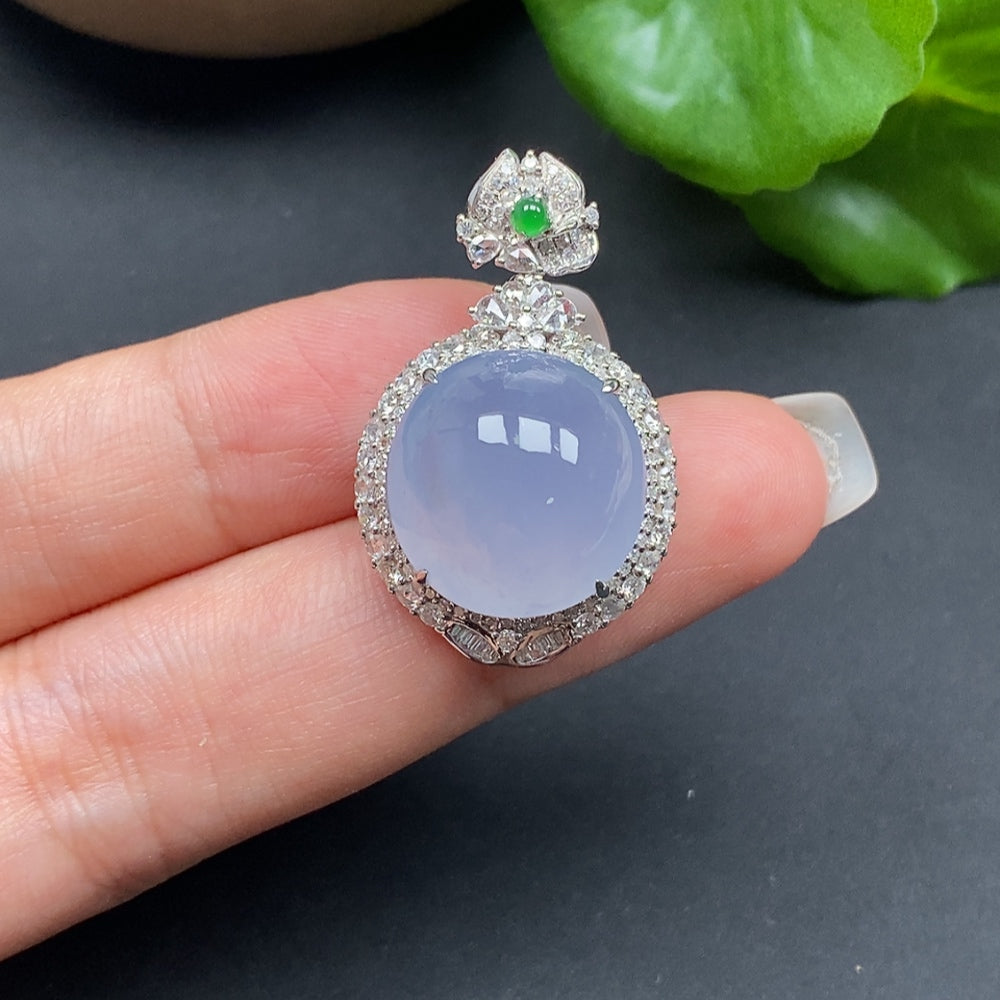 Jadeite Pendant with Diamond Accents, Cabochon Cut, 18K Gold