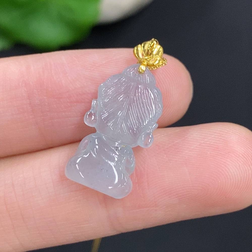 Huiliu Jadeite Baby Buddha pendant with chain, crafted from green jade, featuring detailed Buddha figure for spiritual jewelry.