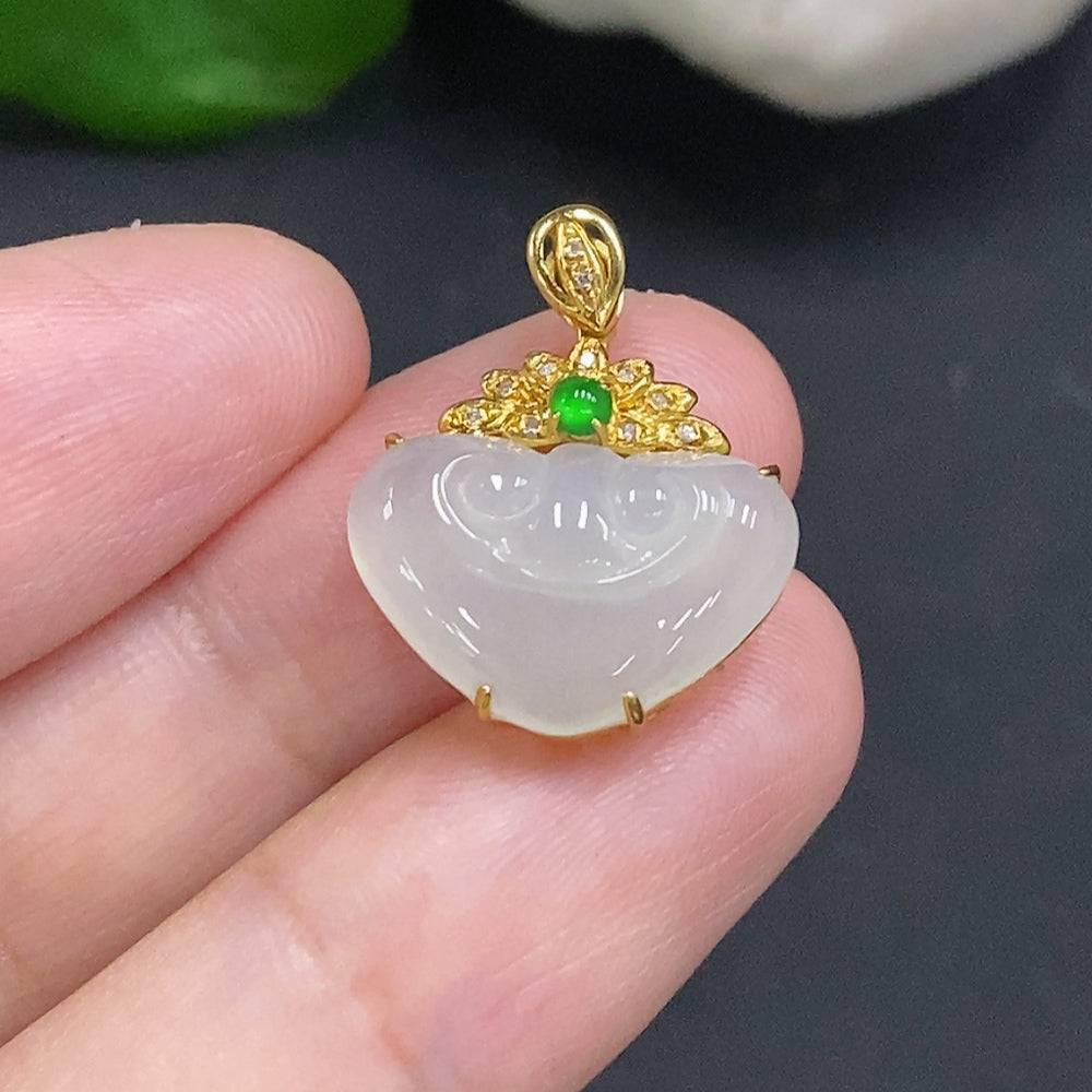 HUILIU HQ Jadeite Ruyi pendant with diamond accents, intricately inlaid in jade, showcasing fine craftsmanship and elegant design.