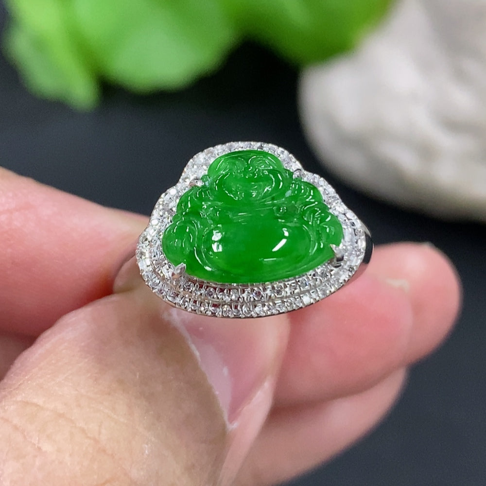 Jadeite Buddha inlaid ring by HKHQ with 18k gold, diamond accents, size 14, showing detailed design on a white background.
