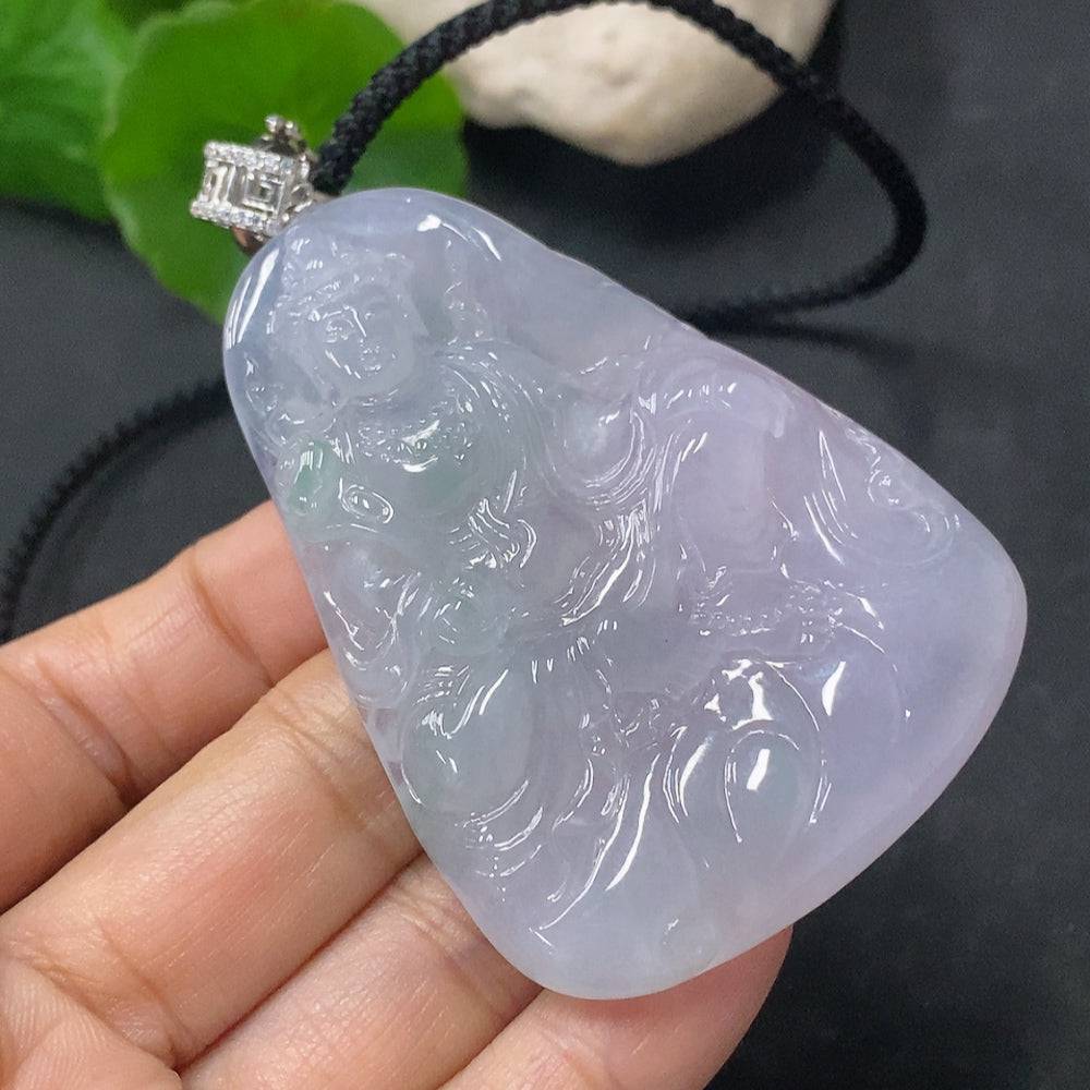Jadeite Guanyin pendant with non-gold clasp and cord, weighs approximately 46g, from HUILIU HQ.
