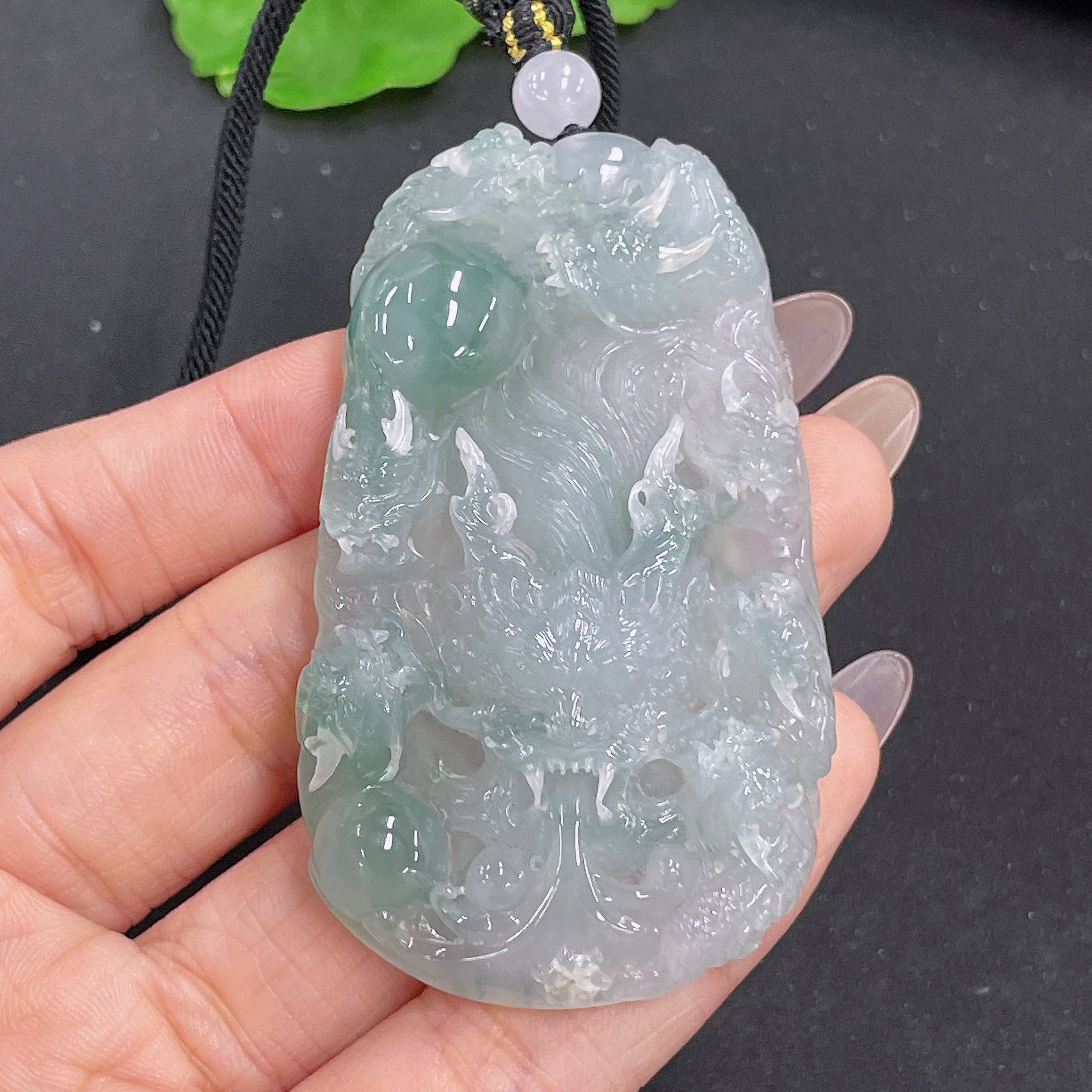 Jadeite Pendant Dragon Plaque with Non-Grade A Beads Including Cord . | Huiliu Certified