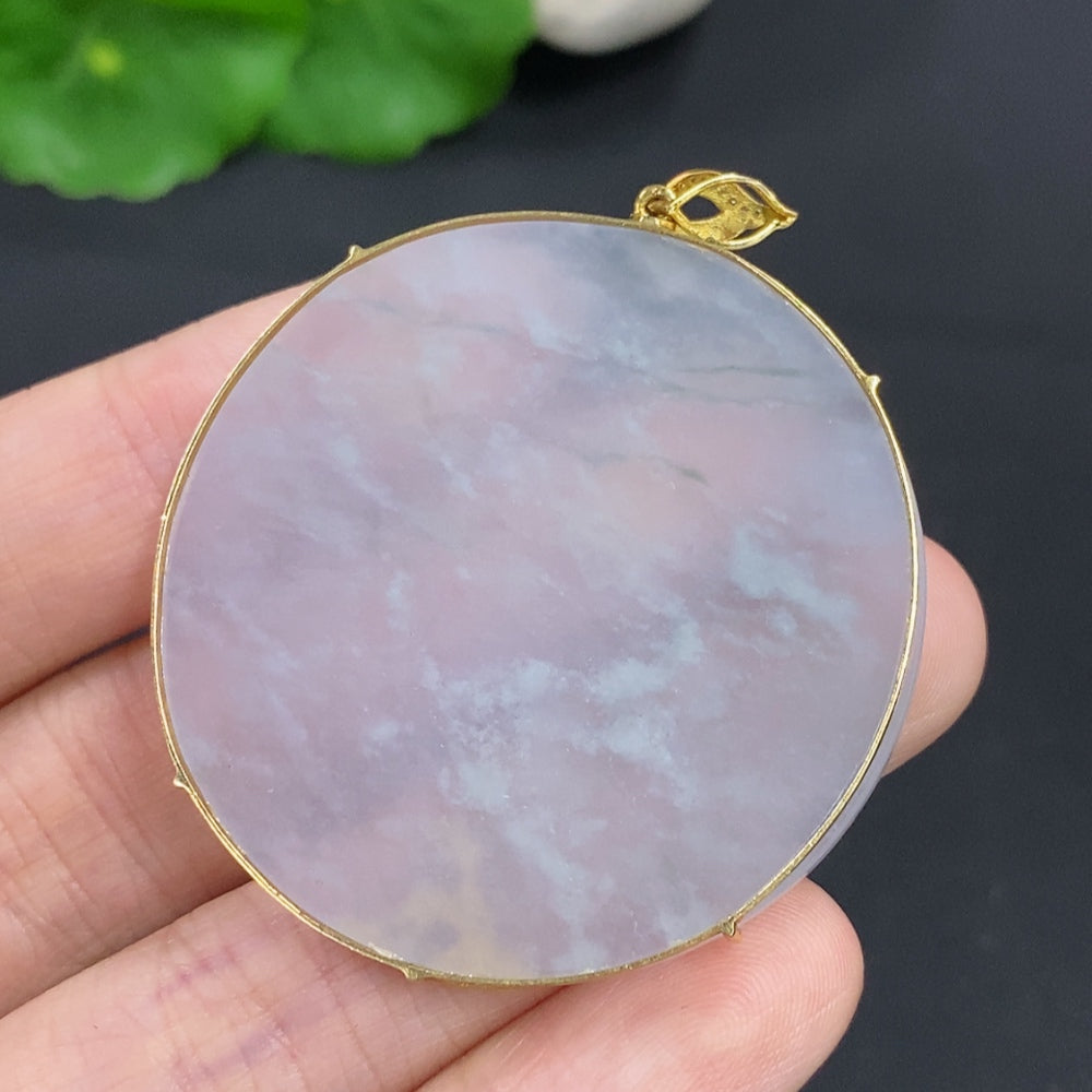 Jadeite plain pendant with diamond accents on 18K gold necklace, elegant jewelry piece with intricate design details.