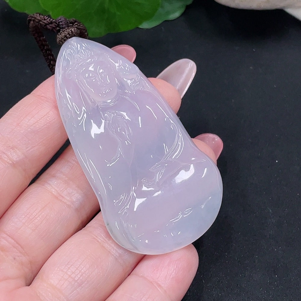 Huiliu Jadeite Guanyin pendant with rope weight, crafted from green jade, featuring intricate carved details, certified by Huiliu HQ.
