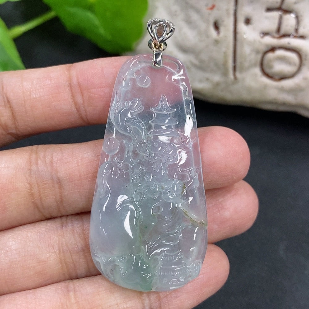 Jadeite Pendant Landscape Plaque with 18K Gold and Diamond Accents