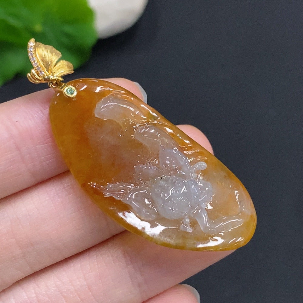 Huiliu Jadeite Auspicious Abundance Pendant with clasp, featuring intricate carvings and vibrant green jadeite material.