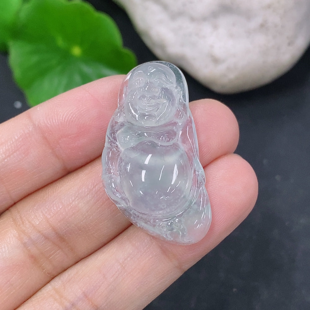 Jadeite Smiling Buddha pendant necklace from HKHQ, featuring a carved smiling Buddha in vibrant green jadeite, weighs approx. 5g.
