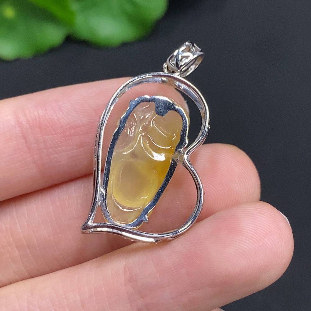 Jadeite Laughing Buddha pendant with 18K gold setting and diamond accents, crafted by HUILIU HQ, weighing approximately 4.2 grams.
