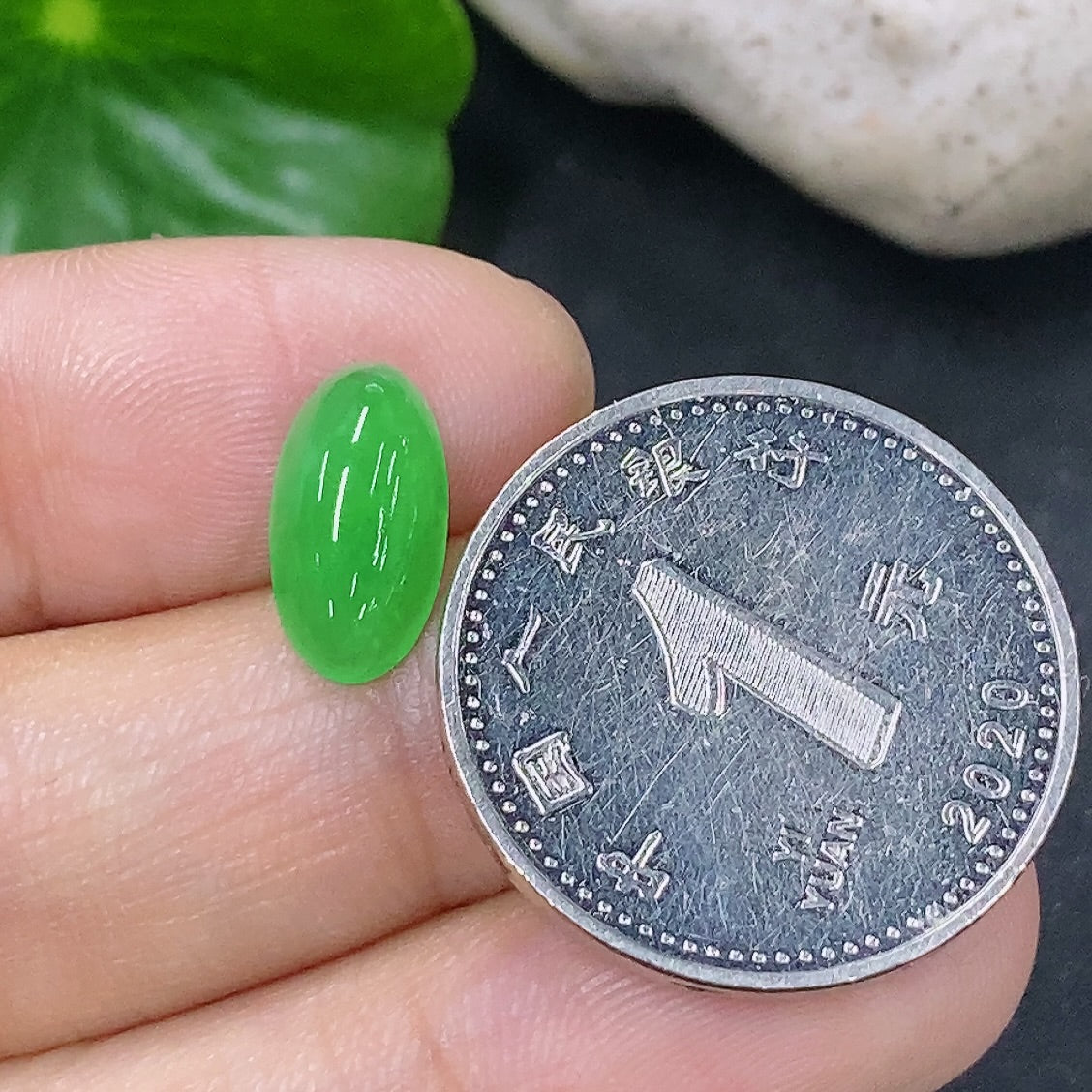Jadeite cabochon jewelry piece weighing 0.43g, showcasing smooth, polished green gemstone from HKHQ.