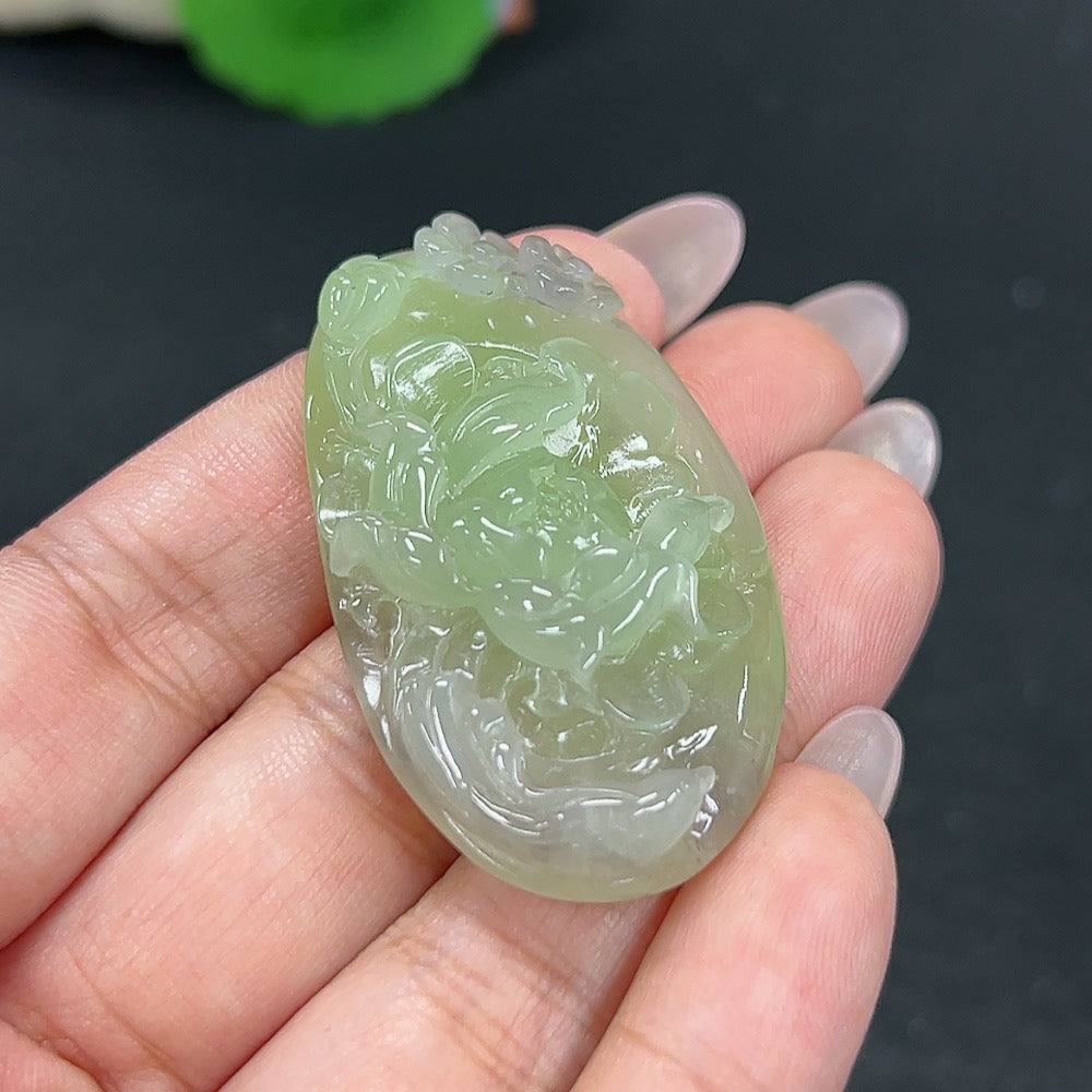 Hetian Jade pendant by HKHQ featuring blooming flower design, weighing approximately 19.3g, showcasing intricate craftsmanship.