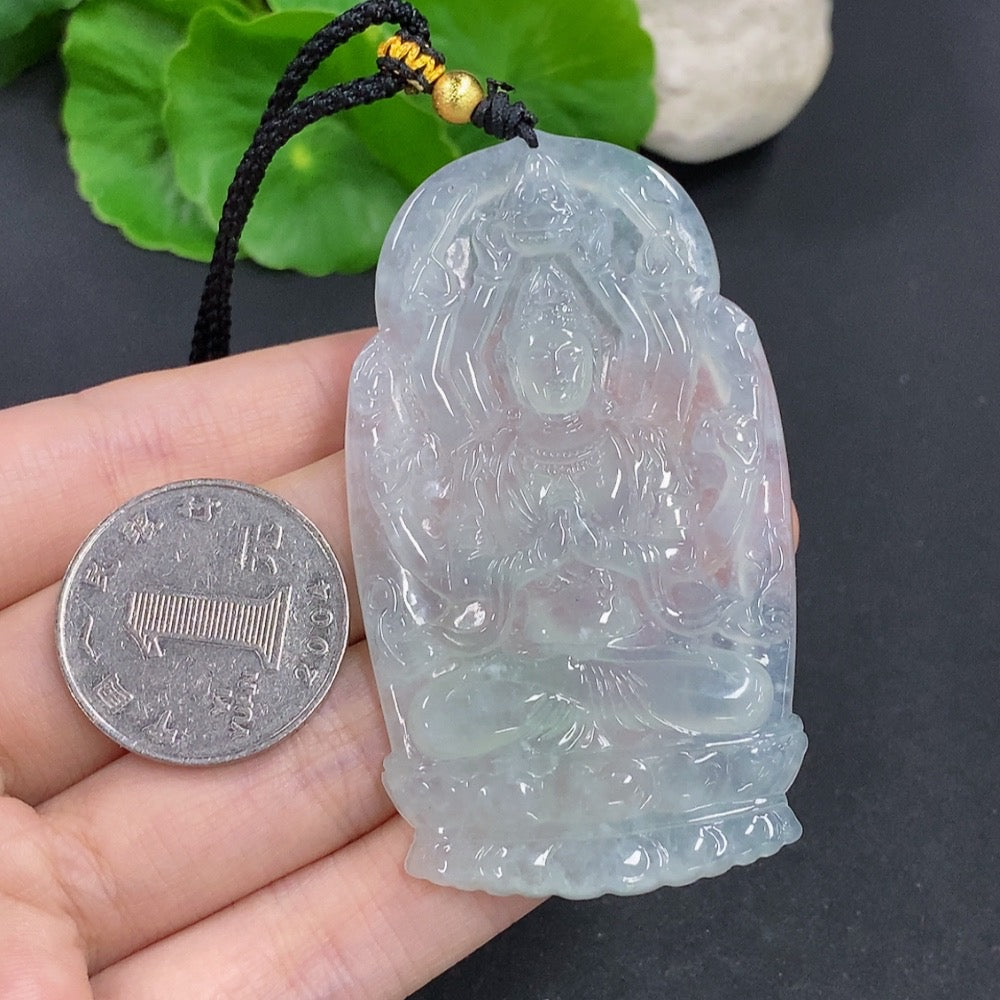 Jadeite Thousand-Hand Guanyin pendant necklace by HKHQ featuring intricate carved jadeite in a non-gold finish.